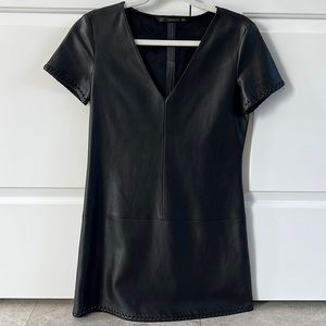 Zara Faux Leather Mini V Neck Dress